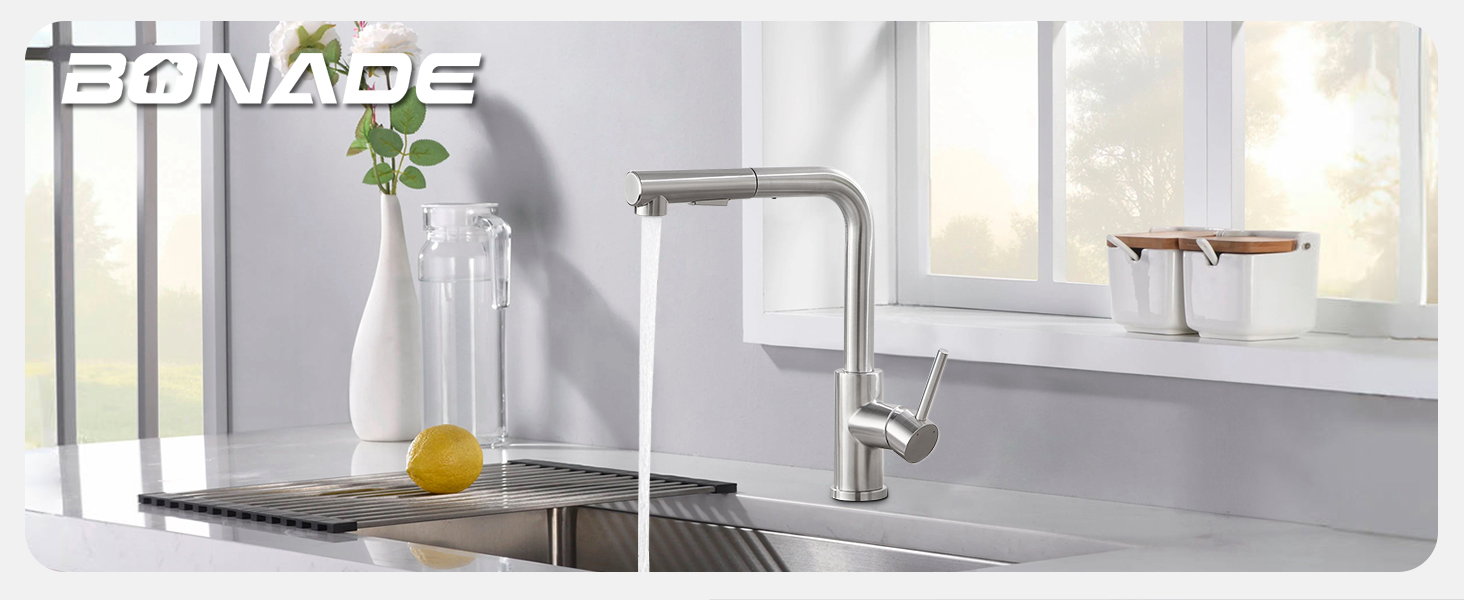 Кухонний змішувач висувний BONADE з душем, 360° поворот, змішувач для кухні з 2 струменями, з нержавіючої сталі, однорідний