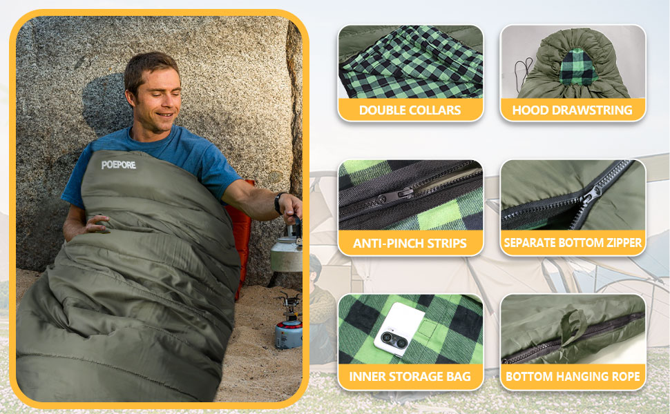 Спальний мішок Poepore Outdoor Winter для дорослих, Extra Wide, 3-4 сезони, XXL, теплий бавовняний фліс, 230*100см, 0°C