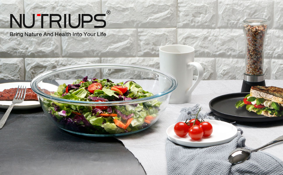 NUTRIUPS 4.5L Salad Bowl, 33cm Glass Bowl, Large Mixing Bowl Glass, Glass Bowl