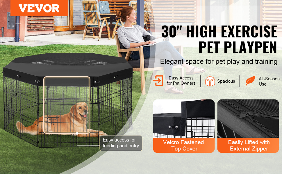 Laufstall для собак VEVOR, 8 панелей, 76 x 61 см, металевий, з дверцятами, Oxford 600D, для собак, котів та інших дрібних тварин
