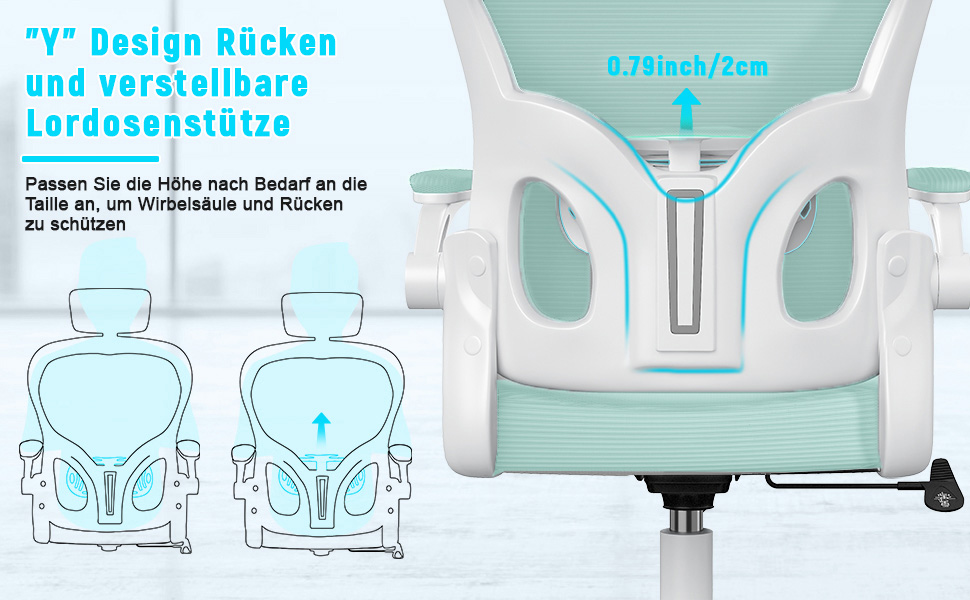 Офісний стілець Naspiro з регульованими підлокітниками, ергономічний, з сітчастою спинкою, підтримкою попереку, регульованою висотою, м'яким сидінням, поворотний на 360°, (зелений, з підголовником)