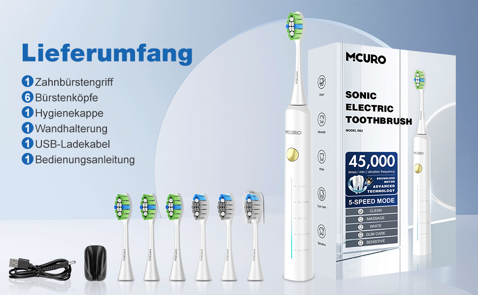 Електрична зубна щітка SonicClean 45000 VPM з 6 насадками, 5 режимів, таймер, індикатор заряду, відбілювання за 1 тиждень, 120 днів роботи від акумулятора