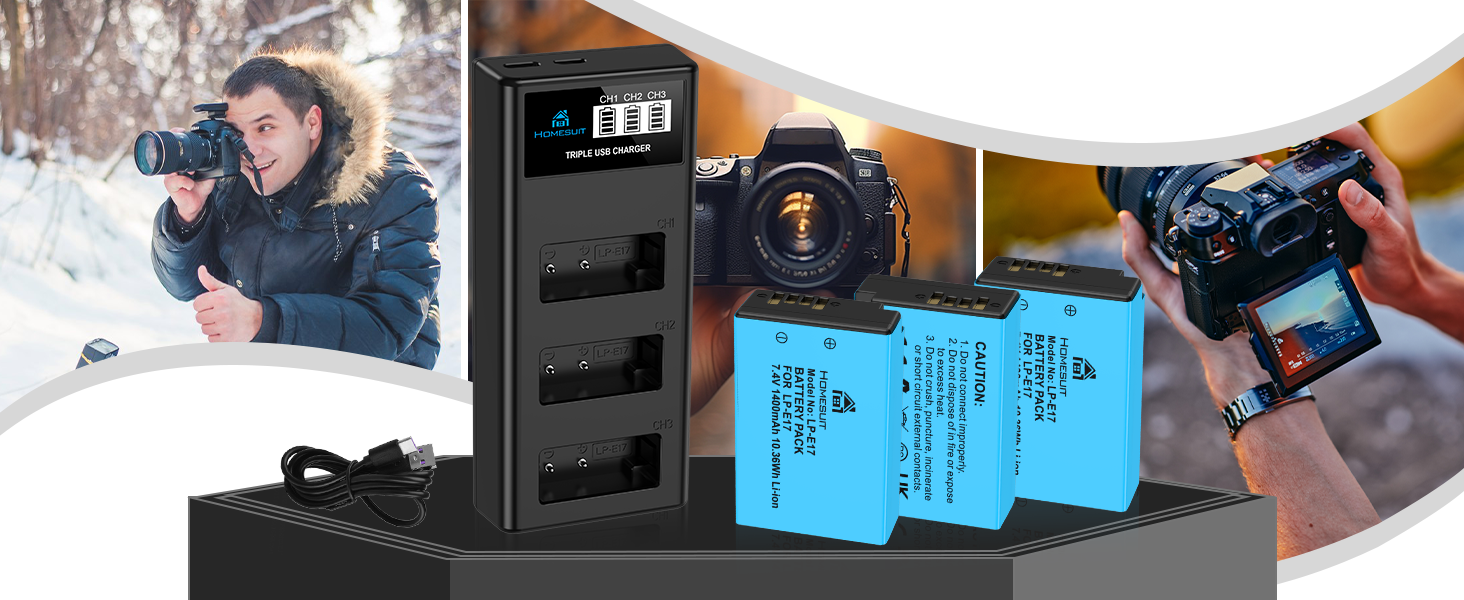Набір акумуляторів Homesuit LP-E17 1400mAh 3шт. та зарядний пристрій LCD з USB для Canon EOS Rebel SL3, SL2, T8i, T7i, T6i, T6s, RP, M3, M5, M6, 200D, 77D, 750D, 760D, 800D, 8000D та інші моделі Canon