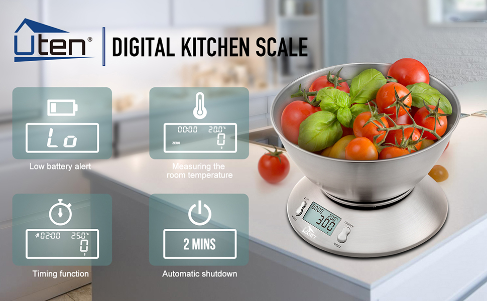 Кухонні ваги Uten Digital з мискою, 5 кг, нержавіюча сталь, функція тарування, LCD-дисплей, таймер, для випічки та приготування