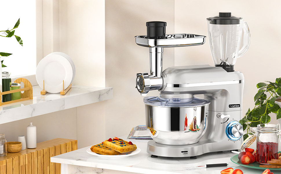 Homlee 3-in-1 Kitchen Machine - 1800W Food Processor with Meat Grinder, Juicer & 5.5L Stainless Steel Bowl - 6 Speed Mixer