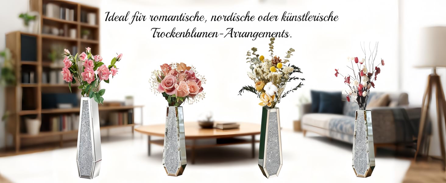 Ваза для квітів велика 68 см: срібна ваза з кристалами для пампас трави, скляна ваза з дзеркальним покриттям та блискітками, декоративна ваза для вітальні, інтер'єру – без підставки для води, 16L x 68H см