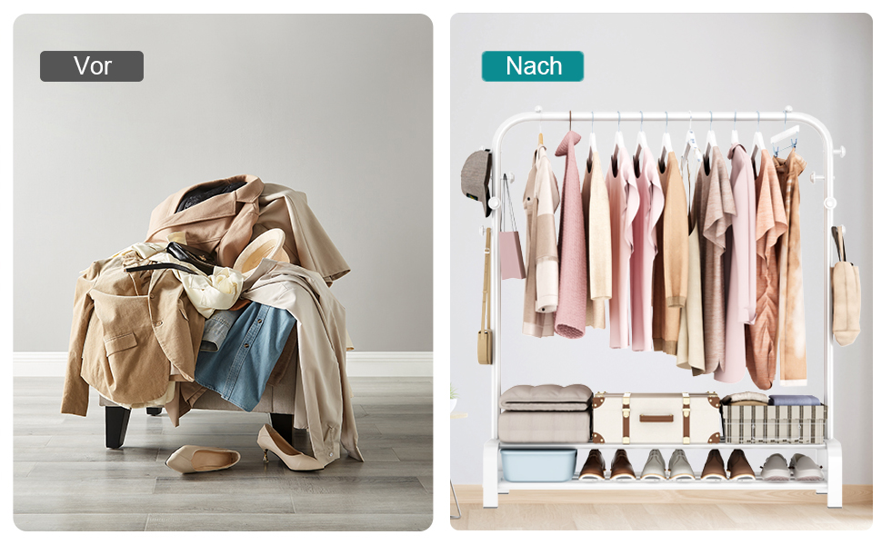 Clothes Rack, Coat Rack Stable Clothes Rod with 6 Hooks and 2 Shoe Shelf Storage Shelf, Bedroom Clothes Rack Freestanding Clothes Rail, (White)