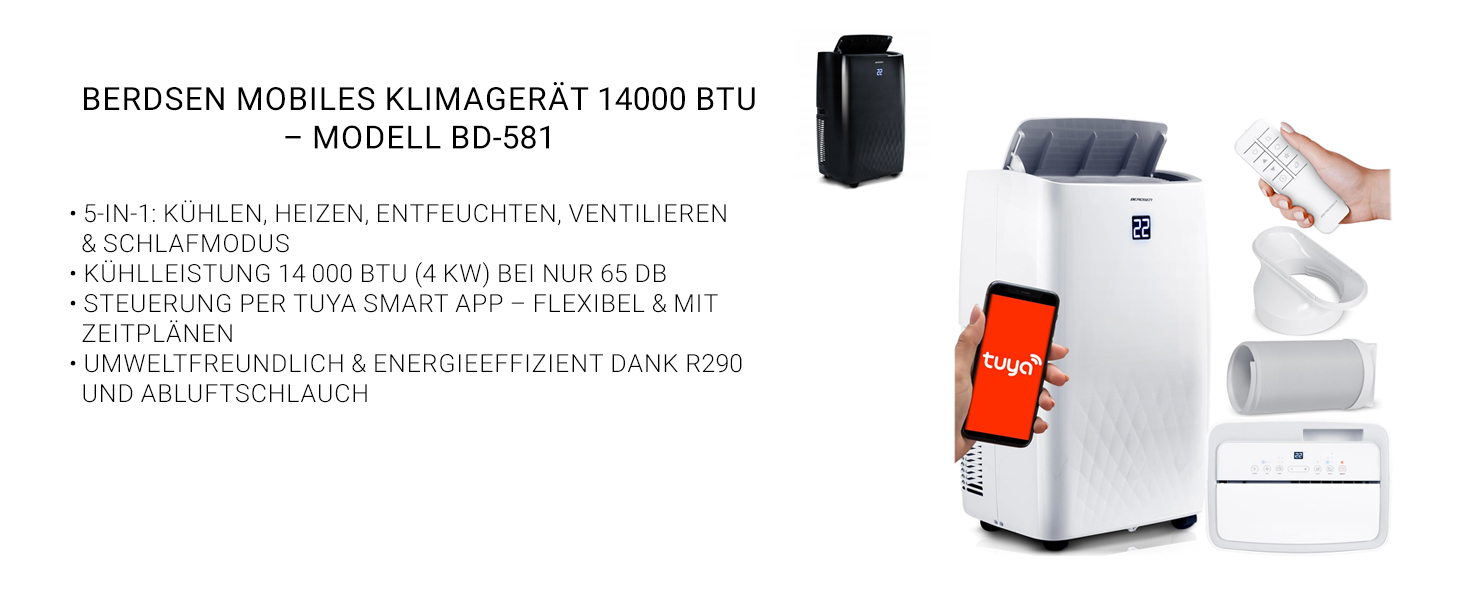 Мобільний кондиціонер Berdsen 5-в-1 10000 BTU: охолодження, осушення, вентиляція, авто- та нічний режими, керування Tuya Smart App, енергоефективний