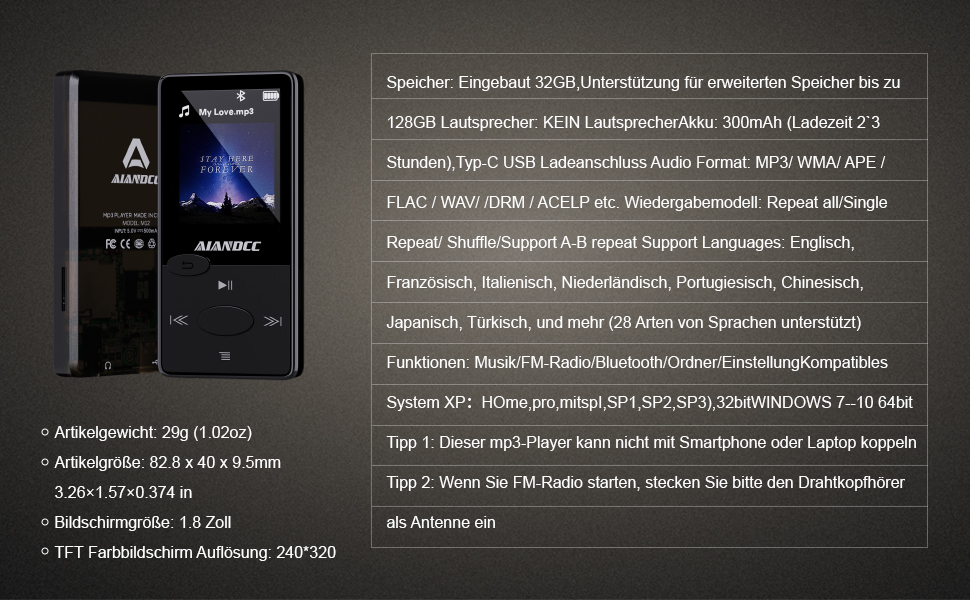 MP3-плеєр Bluetooth 5.3 HiFi, FM-радіо, 32GB, з навушниками, підтримка TF-карт (Чорний)