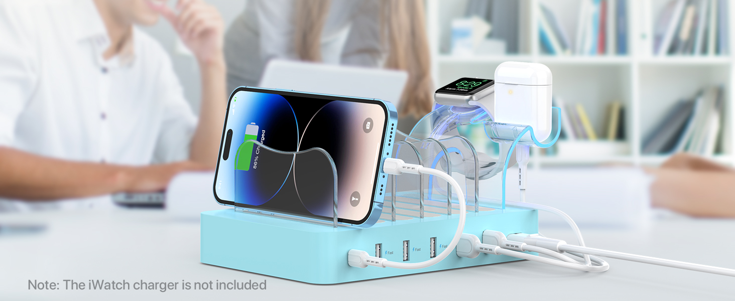 Зарядна станція SooPii USB 60W/12A, 6 портів, органайзер для декількох пристроїв з тримачем для Apple Watch, 6 кабелів (синій)