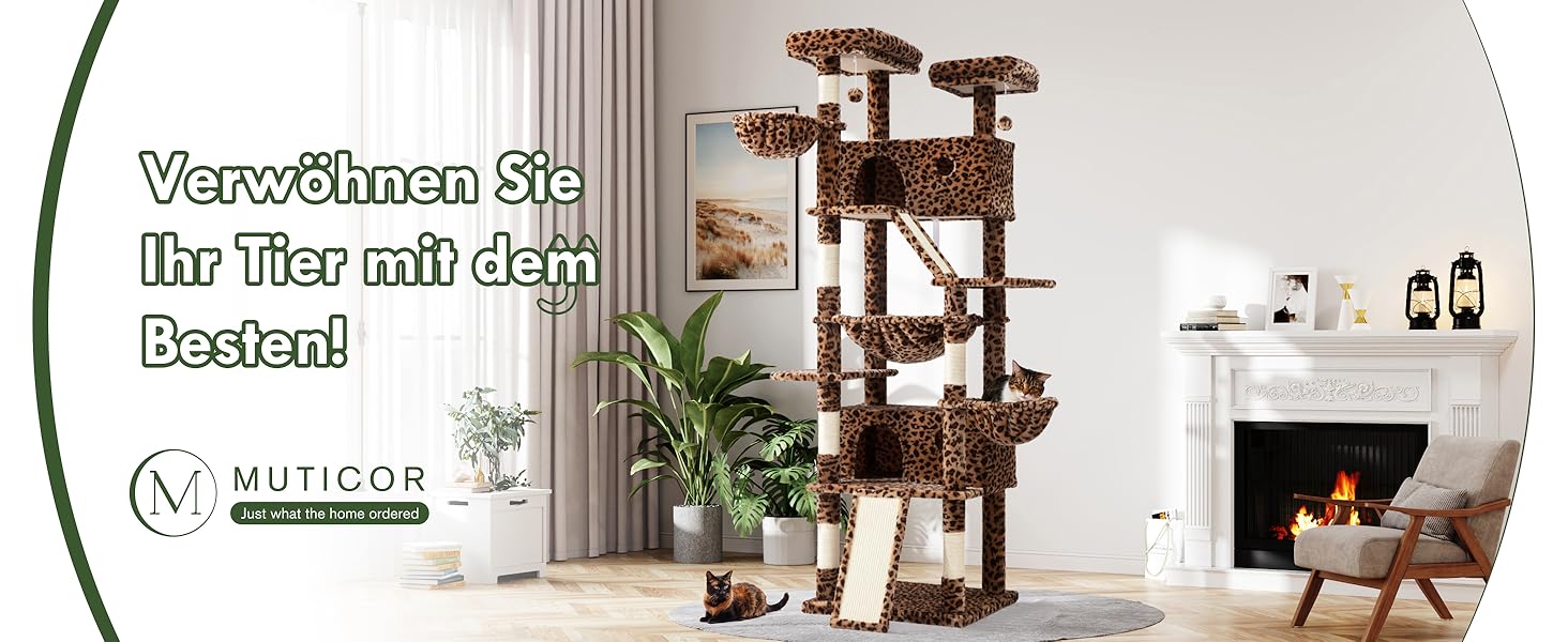 Котячий будиночок MUTICOR з когтеточкою, 206 см, багатоярусний, для великих котів, з гамаком, плюшевими платформами, широкою основою (леопардовий принт)