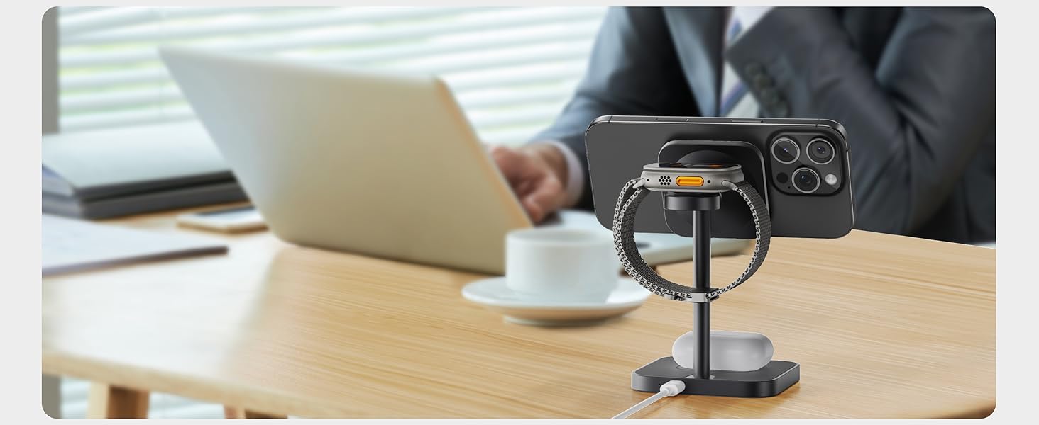 LULULOOK Qi2 Магсейф Зарядна Станція 3 в 1 з Алюмінію для Apple Watch та iPhone, 15W Швидка Зарядка (17 Pro Max/17 Pro/17 Air/17), 5W для Apple Watch Ultra, AirPods, Титан (Сірий)