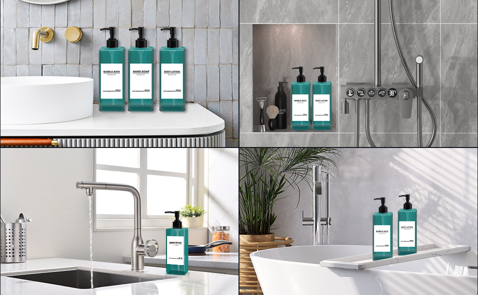 Набір дозаторів для мила Roselee (4 шт.), зелені, 500 мл. Дозатори для душу, шампуню, кухні, ванної кімнати. Матеріал: пластик.