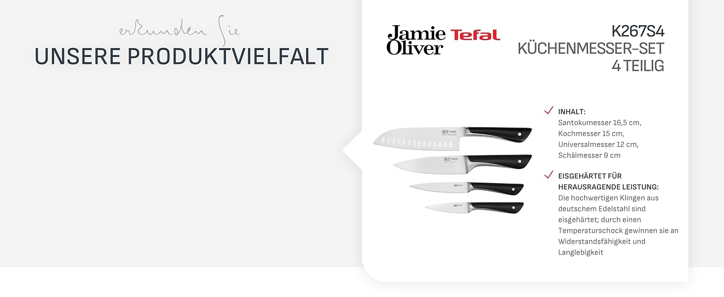Набір ножів кухонних Jamie Oliver by Tefal (5 предметів) + блок: шеф-ніж, сантоку, для хліба, універсальний, овочечистка. Німецька сталь, акація, коричневий K267S556