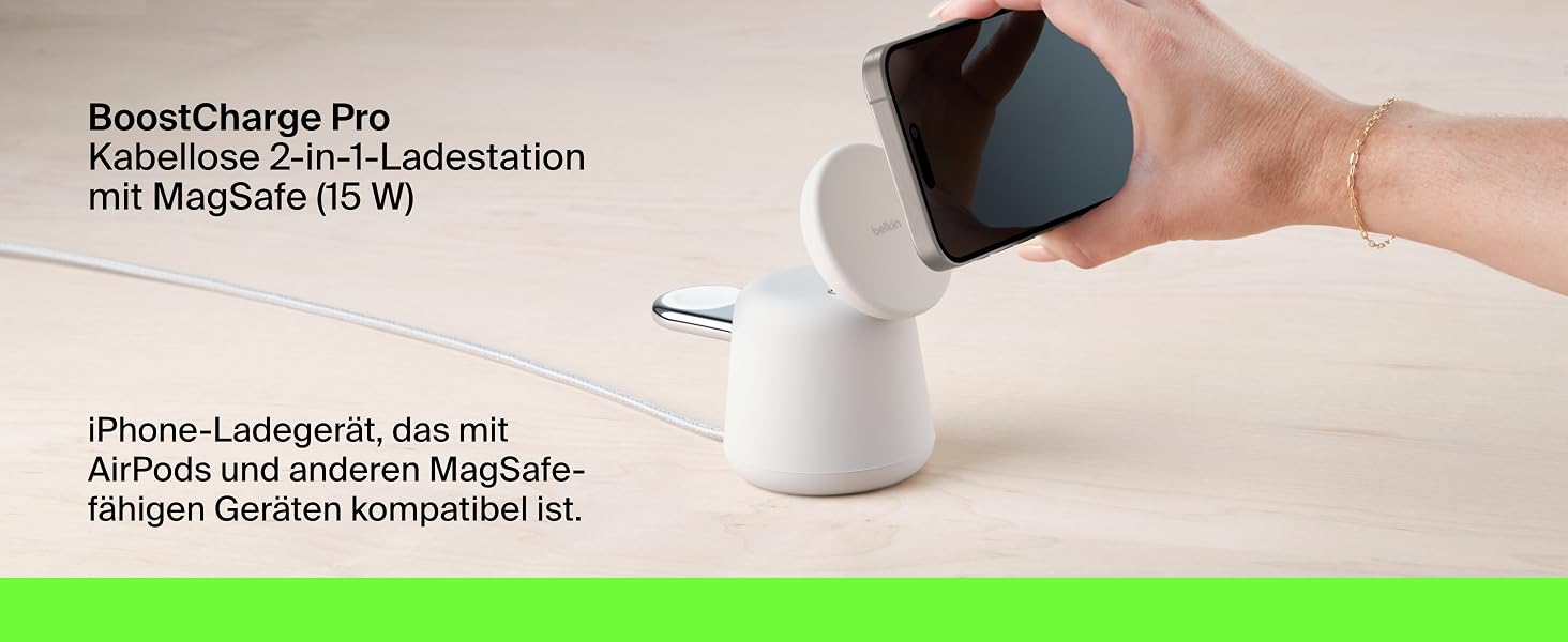 Беспроводная зарядная станция Belkin BoostCharge Pro 2-в-1 Qi2 15W MagSafe для iPhone, Apple Watch, AirPods (пісочний)