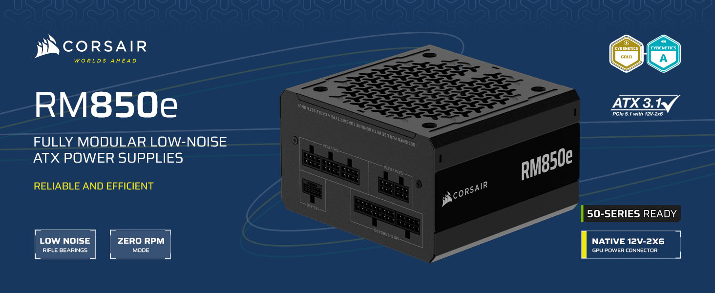 Блок живлення Corsair RMe Series RM1000e 1000W ATX 3.1 PCIe 5.1, сертифікат Cybenetics Gold, повністю модульний