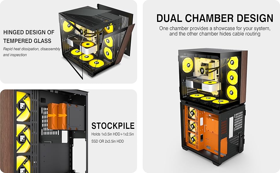 Корпус ПК FOIFKIN M9 з дерев'яною передньою панеллю з горіха, 3 вентилятори PWM ARGB, ATX Mid-Tower для геймінгу, 270° панорамне скло, порт Type-C (Чорний, M9)