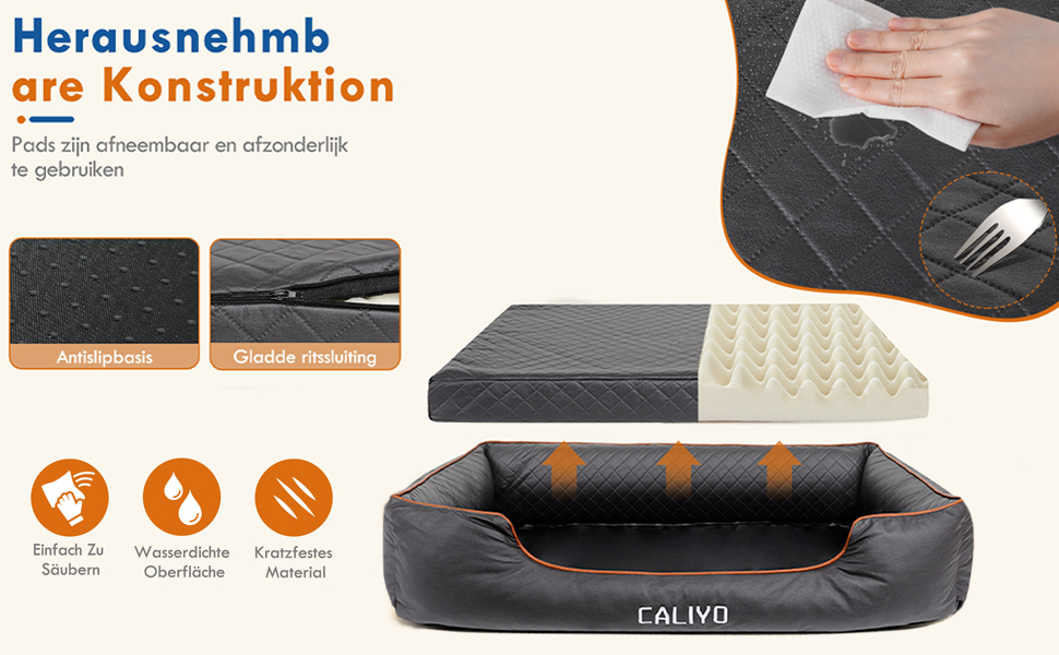 Ортопедичне ліжко для собак Caliyo - Маленькі породи, Крісло-лежанка з екошкіри, Водонепроникне, Миюче, з Memory Foam, 85x63x20 см, Чорний