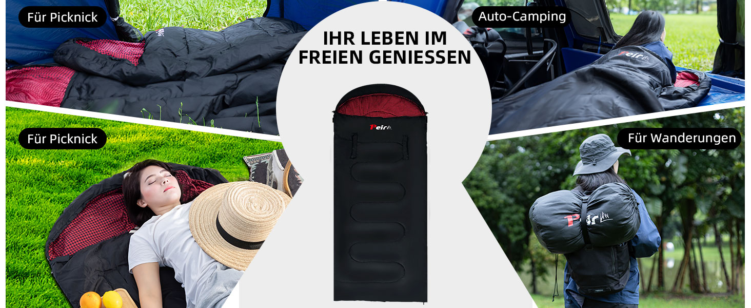 Спальний мішок для дорослих – широка прямокутна модель на 3 сезони з кишенею та сумкою для перенесення, 300 г/м² бавовна, водонепроникний, для кемпінгу, дому та відпочинку на природі, блискавка з правого боку