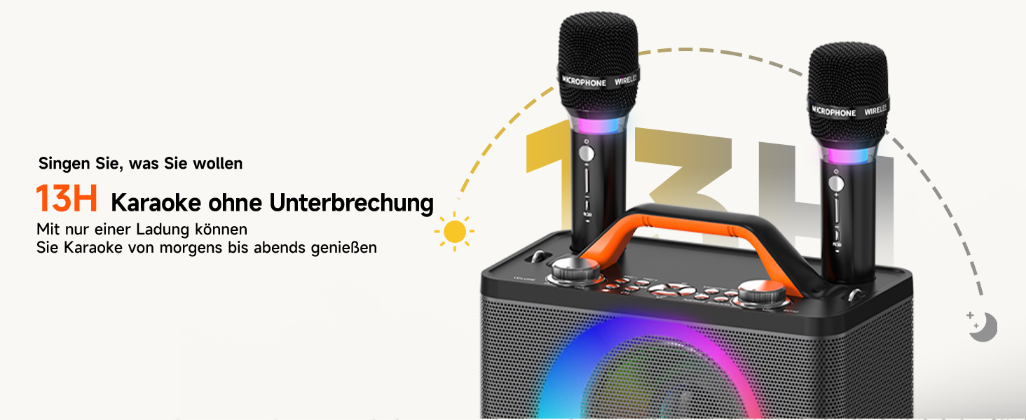 Караоке машина з 2 бездротовими мікрофонами RGB – 5200 mAh, 10 RGB-режимів, незалежне керування, 13 годин відтворення, Hi-Fi звук, підтримка AUX/USB/TF-карт/Coax, чорний