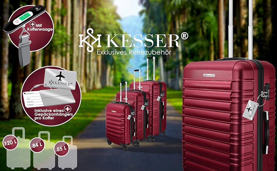 Набір валіз KESSER 3 шт. з ABS-пластику на 4 колесах, з телескопічною ручкою та замком, розміри M-L-XL, бордовий колір, жорсткий корпус, дорожній чемодан для подорожей