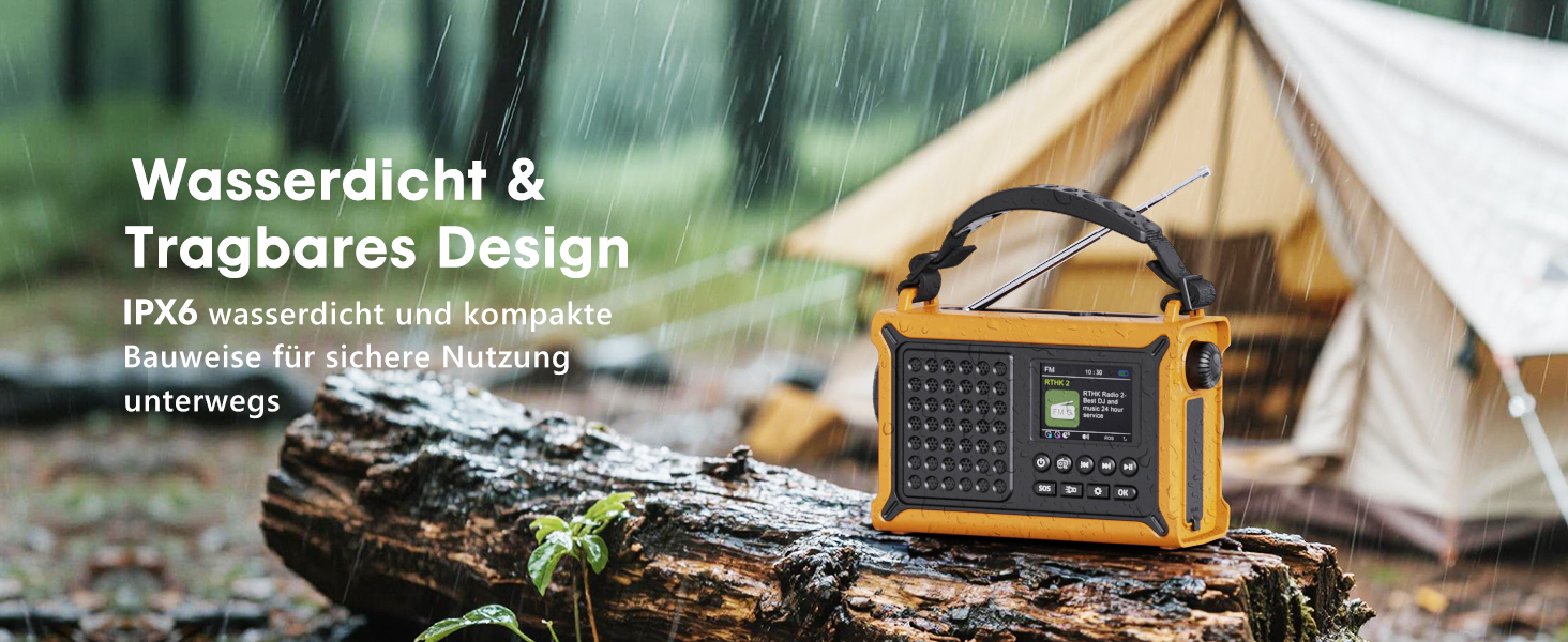 ROCAM Радіоприймач на ручку DAB+/UKW, портативне аварійне радіо з сонячною панеллю 8500 мм² та ручкою 650mA, цифрове радіо з Bluetooth, 2.4' кольоровий дисплей, 80 станцій, SOS, LED ліхтарик, USB, IPX6 для кемпінгу (Жовтий)