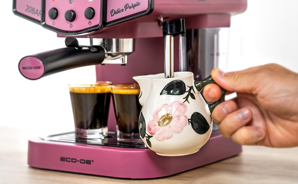 Кавоварка ECODE Delice, еспресо-машина 20 бар, чорна, 1,5 л, з манометром, паровим краном та капучинатором, для приготування еспресо і капучино, подвійна доза, фіолетова