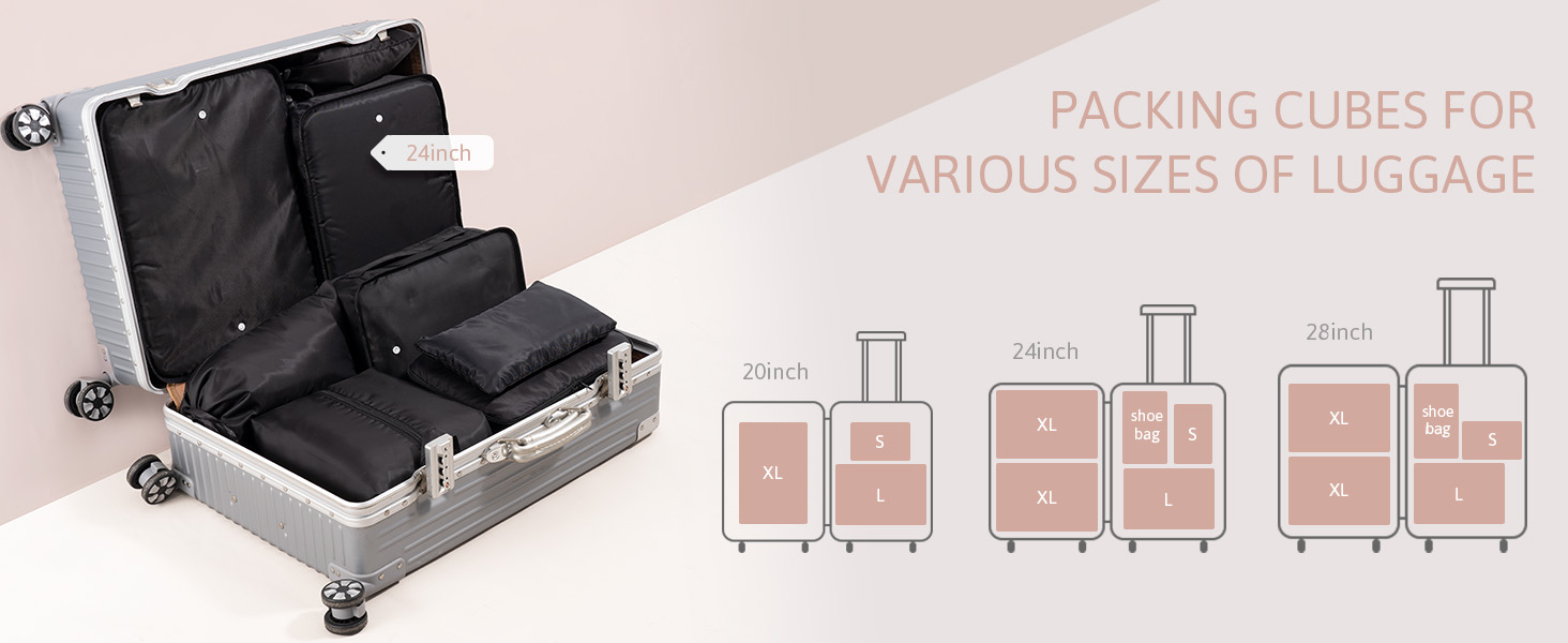 Органайзер для валізи Meowoo, набір 8 шт., кубики для пакування, чорний. Організація багажу для подорожей та бізнесу.