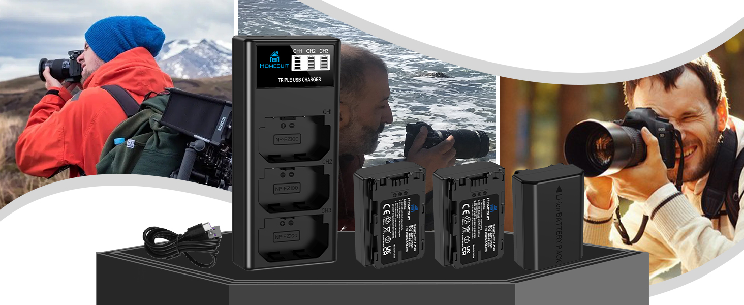 Акумулятор NP-FZ100 Homesuit 2280mAh та подвійний зарядний пристрій для камер Sony ZV-E1, FX3, FX30, A7RIII, A7RV, A7RIV, A7SIII, A7III, A7IV, A7C, A7CII, A6600, A6700, Alpha A1, A9, A9II, A9III, 9R, A9R, 9S (2 шт.) + LED зарядний пристрій (3 шт. акумулятори & LCD дисплеєм)