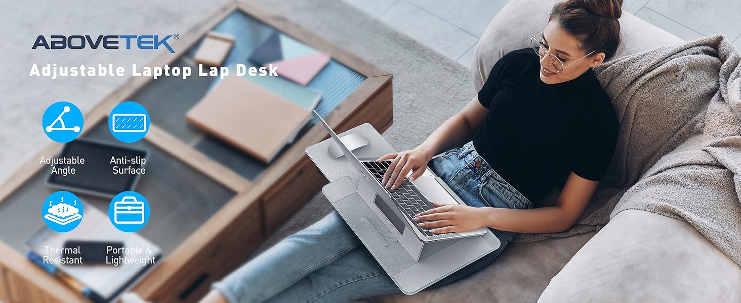 Зручний лапдеск для ноутбука AboveTEK – ергономічний підставка з антиковзким покриттям, захистом від нагріву, вбудованим ковриком для миші, портативна для ліжка, дивана, подорожей (сірий)