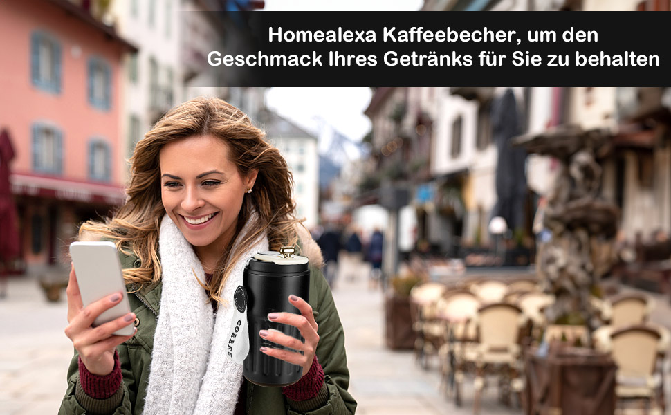 Термокружка для кави HomeAlexa з цифровим дисплеєм, 410 мл, нержавіюча сталь 316, ізольована, з кришкою, чорна