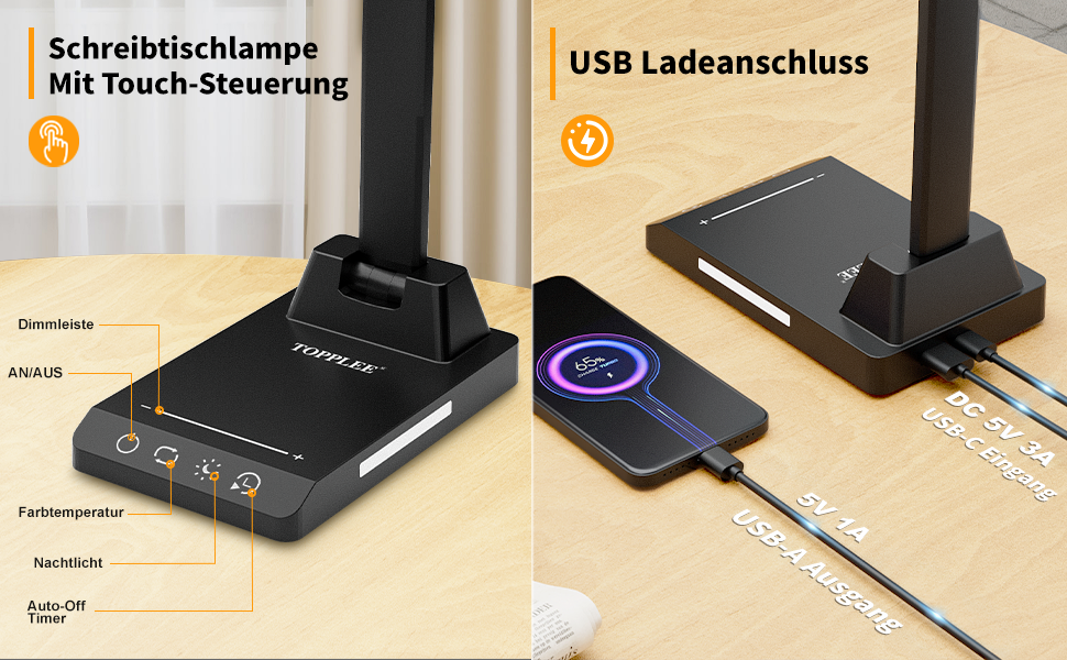 TOPPLEE LED Desk Lamp - Dimmable Table Lamp with Rechargeable Battery, 5 Colors & 10 Brightness Levels, USB Charging Port, Office Lamp for Kids & Home, Black