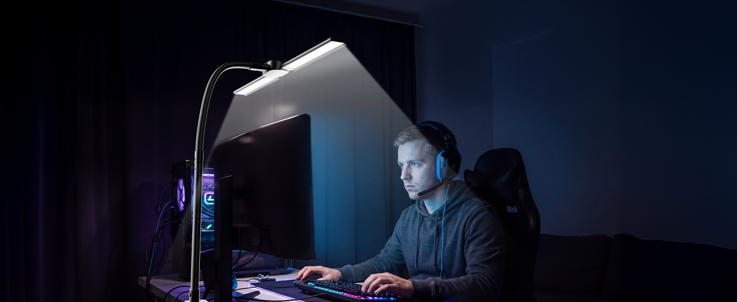 Світлодіодна настільна лампа з димером LED 1400LM 24W, подвійний гнучкий винос, чорна. З пультом ДУ, USB зарядка