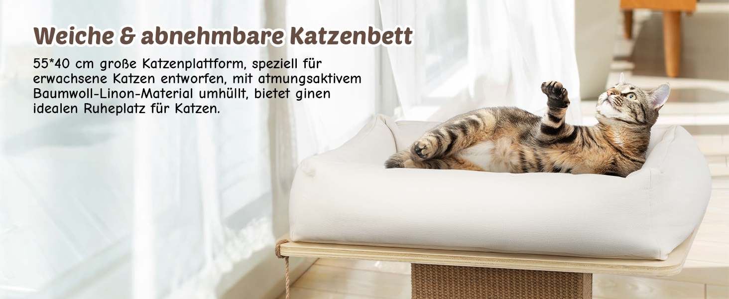 Котячий будиночок з дряпалкою Luxus: широка колона з берези, міцний, до 25 кг, сизаль, велике ліжко з подушкою з органічної льону, легко збирається, бежевий колір