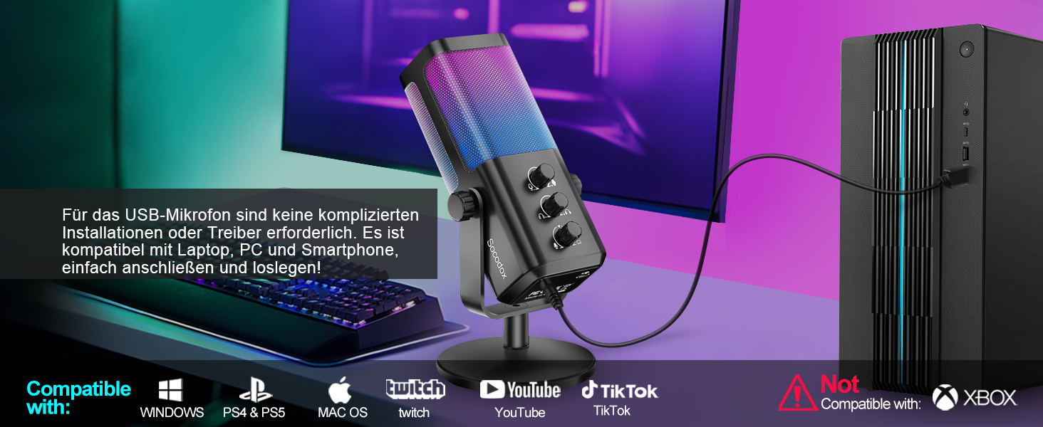 Мікрофон USB для ігор та стрімінгу з RGB підсвічуванням та шумозаглушенням. Підходить для ПК, PS4, PS5, Mac, запису подкастів та ASMR.