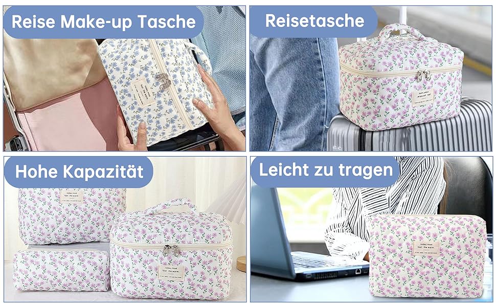 Косметичка для жінок, набір 3 шт. велика бавовняна косметичка для подорожей, органайзер для макіяжу, косметична сумочка з квітковим візерунком (блакитна павічева квітка)