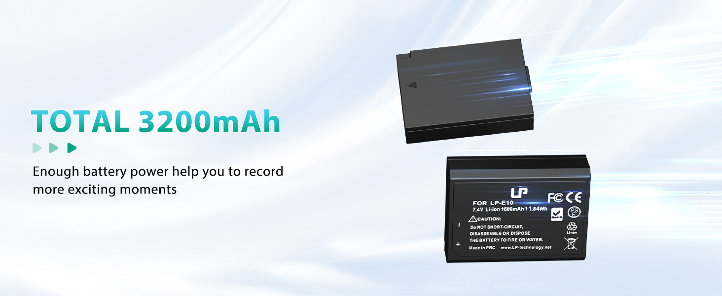 Комплект акумуляторів LP-E10 (2 шт) та подвійний зарядний пристрій 1600mAh для Canon EOS Rebel T7, T6, T5, T3, T100, 4000D, 3000D, 2000D, 1500D, 1300D