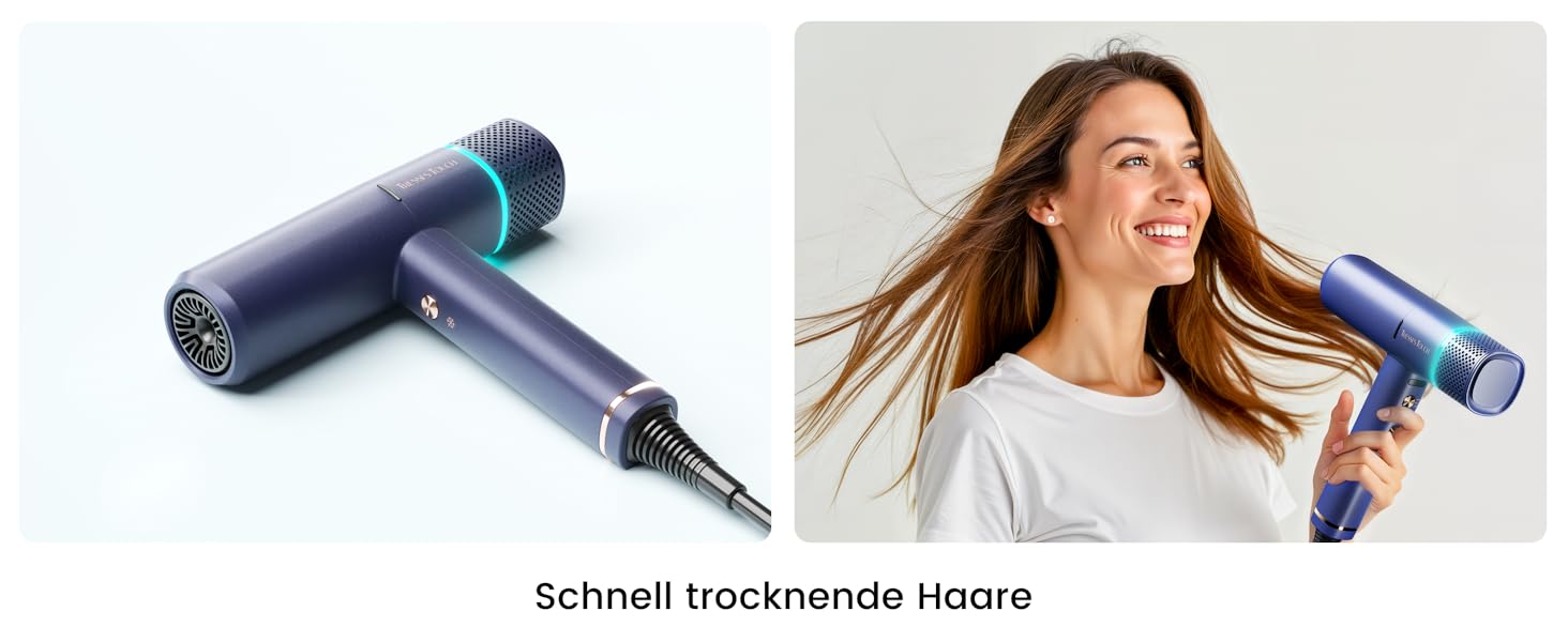 Іонізатор для волосся Föhn: Швидкий фен з дифузором для жінок та чоловіків, 3 режими, 2 швидкості, чорний (блакитний)