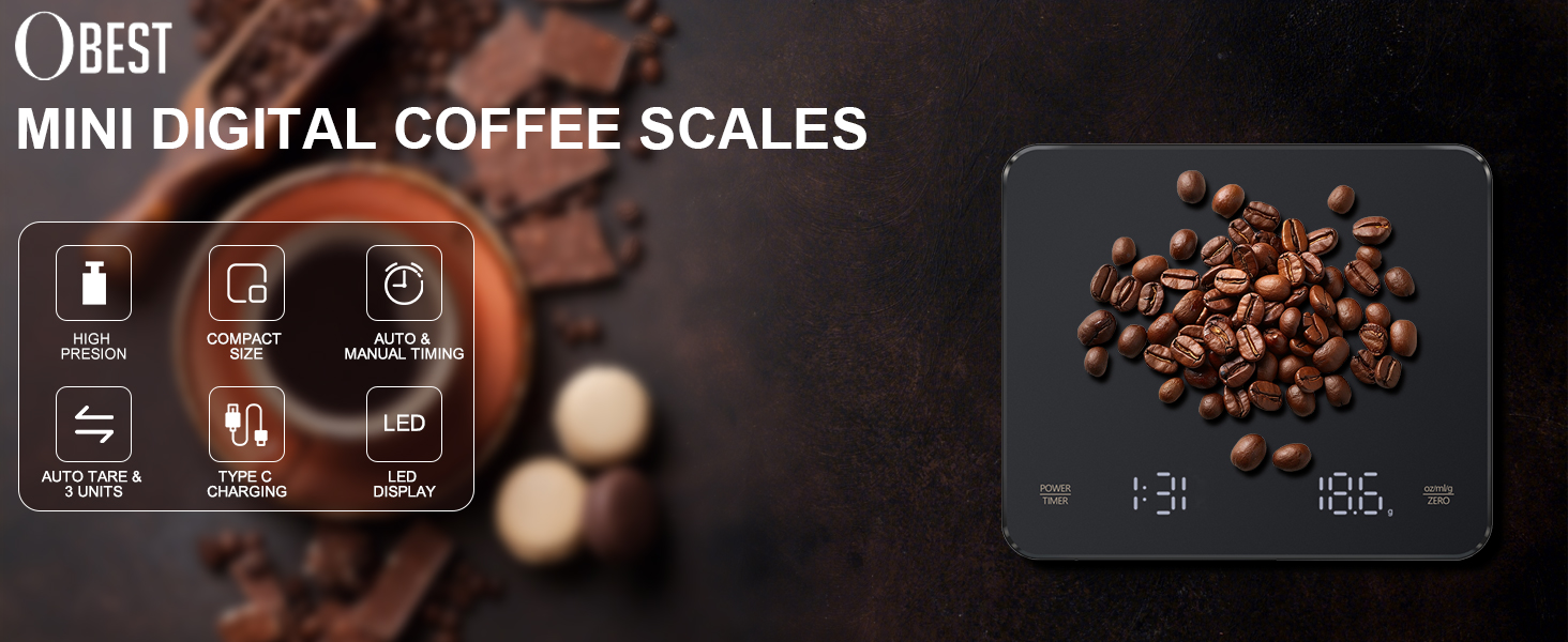OBEST Mini Coffee Scale with Timer - 3kg/0.1g Digital Scale for Coffee Brewing, Portable Electronic Kitchen Scale with LED Display & Auto Timer