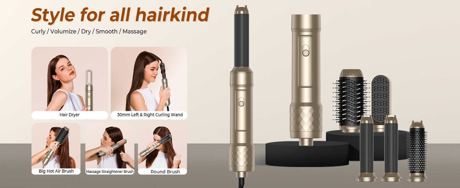 Air Styler 7-в-1: Фен-щітка, плойка, випрямляч. Зібрано 7 функцій у 1 золотому приладі. 110 000 обертів/хв, іонізація, складне зберігання. Ідеально для створення зачісок, локонів та випрямлення волосся.