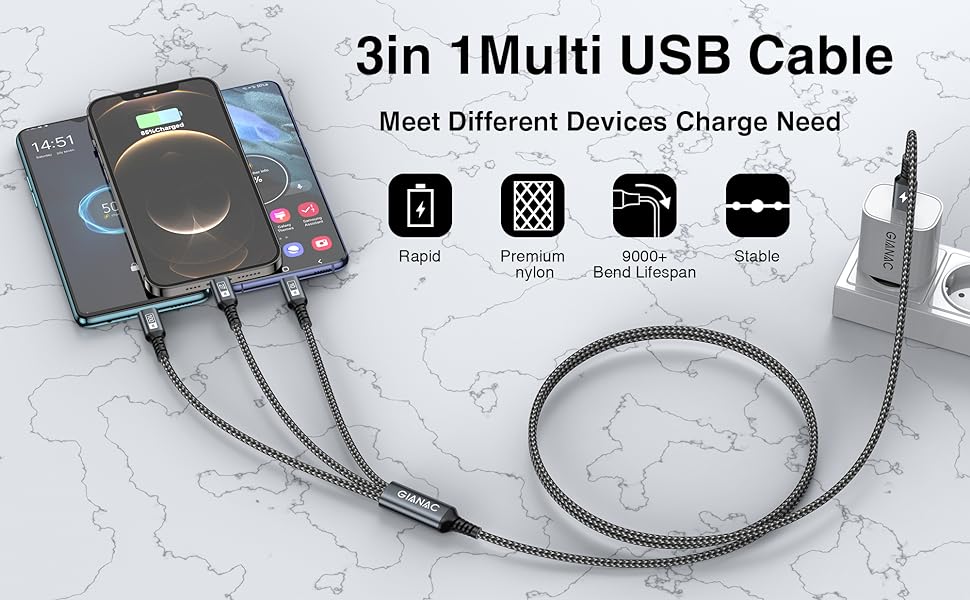 Кабель USB-C на 3 роз'єми 100W (1.2м) з E-Mark чіпом для Galaxy, iPad, MacBook, iPhone (сірий)