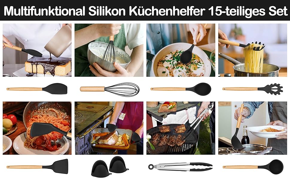 Набір кухонних аксесуарів Homikit 15 предметів з чорного силікону та дерев'яними ручками. Кухонний аксесуар, стійкий до високих температур, легко миється. З підставкою для аксесуарів.