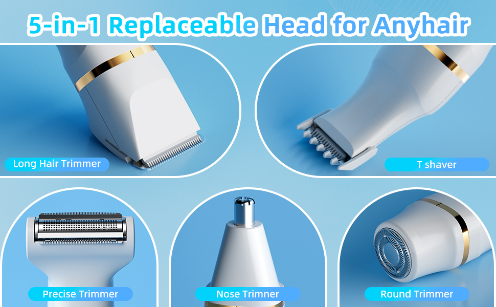 Електричний жіночий тример 5-в-1: для тіла, обличчя, інтимної зони. Вологостійкий (IPX7), USB-C зарядка