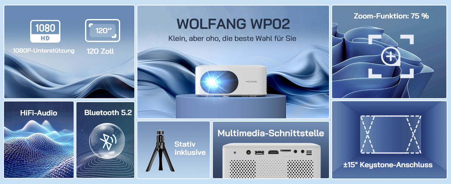 Міні-проектор WOLFANG з штативом, 1080P Full HD, портативний проектор для телефону, кінотеатр на відкритому повітрі, сумісний з HDMI, USB, смартфоном, планшетом, ПК, TV Stick, AV, Micro SD