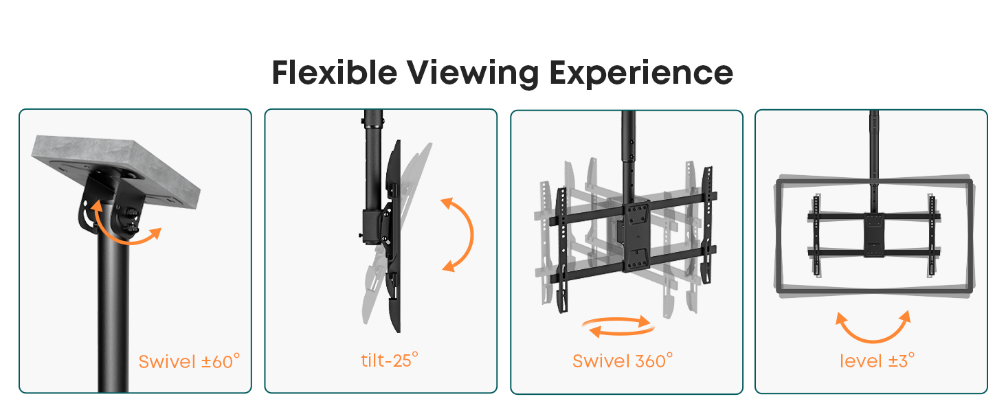 Adjustable & Tilting TV Ceiling Mount - Full Motion, VESA 600x400, Up to 86 Inch TVs, 60kg Weight Capacity