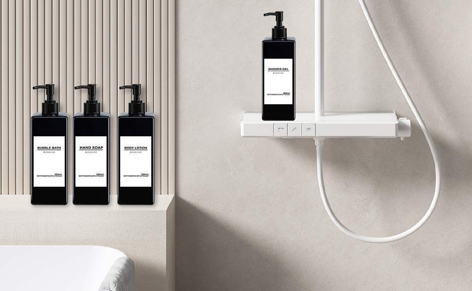Набір дозаторів для мила Roselee (4 шт.), 500 мл, чорний. Дозатори для душу, шампуню, мила. Пластикові дозатори з воронкою та вологостійкими етикетками для кухні, ванної кімнати.