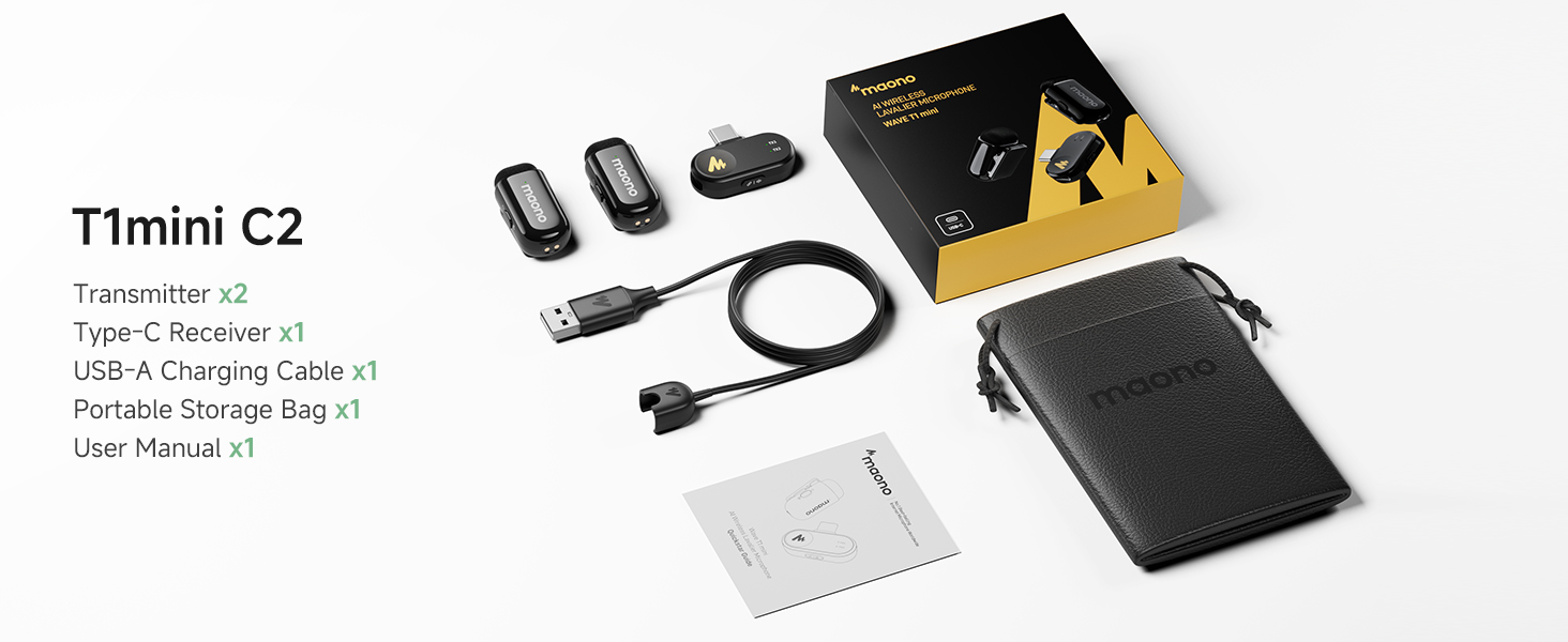 Мікрофон MAONO Wave T1 Mini USB-C: Бездротовий мікрофон для iPhone, Android, YouTube, Vlog (30 годин роботи)