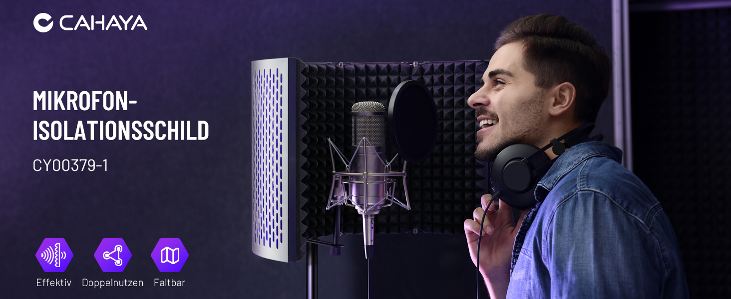 Акустичний ізоляційний екран для мікрофона CAHAYA, 5-панельний поглинач звуку та поп-фільтр, регульований на 180°, складаний захисний щит для студійного запису