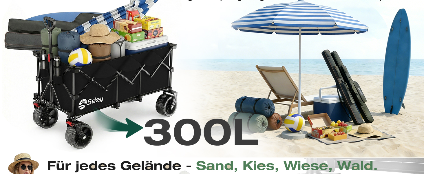 Вагон-тележка Sekey XXXL 300л, чорний. Складна, велика вантажопідйомність 200кг, широкі колеса для бездоріжжя, вантажопідйомність 200 кг.