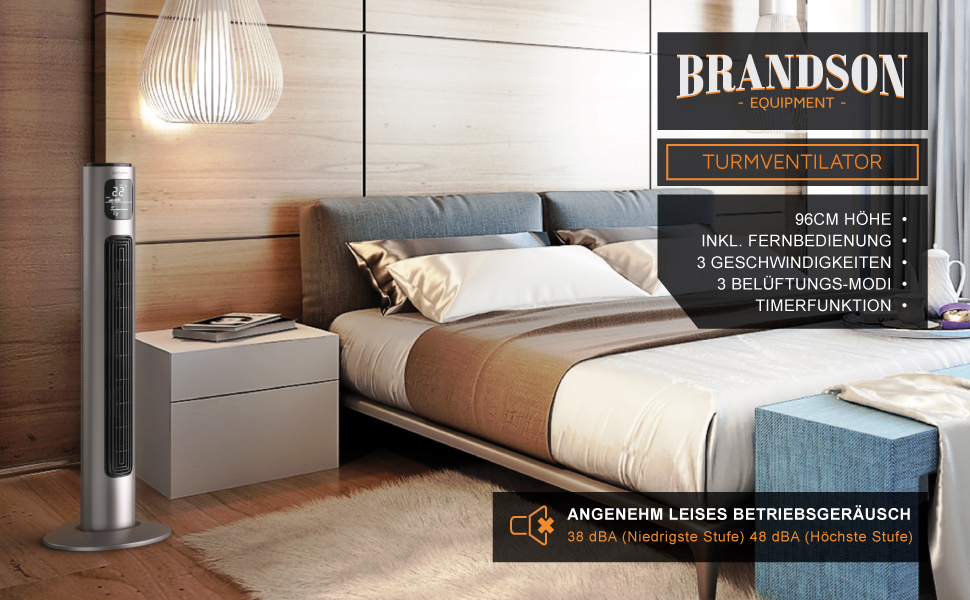 Вентилятор підлоговий Brandson з пультом дистанційного керування, 96 см, титаново-сірий. Обертання 60°, 3 швидкості, мобільний, колона